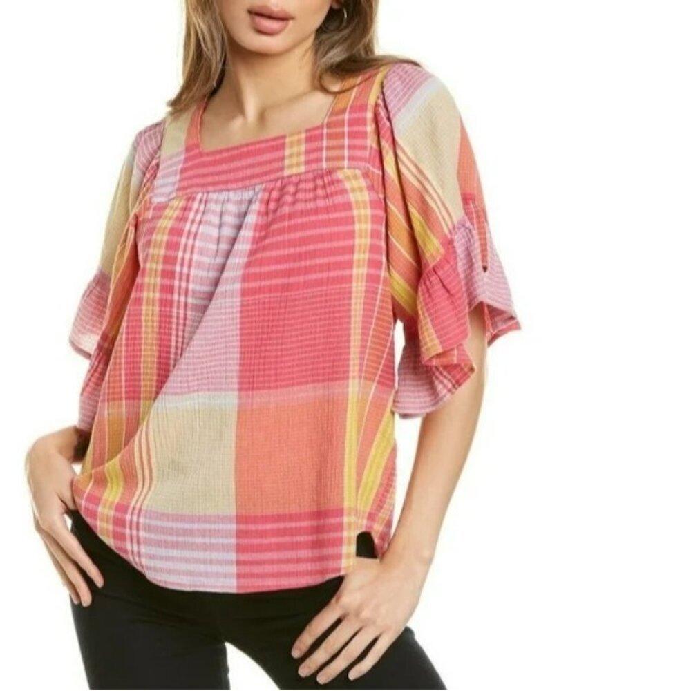 Beachlunchlounge Collection Plaid Boho Flowy Naomi Blouse Women's Medium - Picture 2 of 6